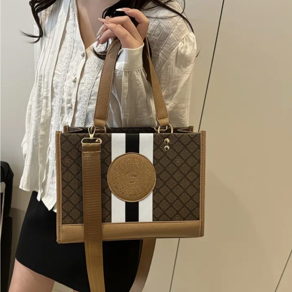 Monogram Stripe Tote Bag G Logo Medallion Top Handle Crossbody Shoulder Bag NIP - Picture 2 of 14